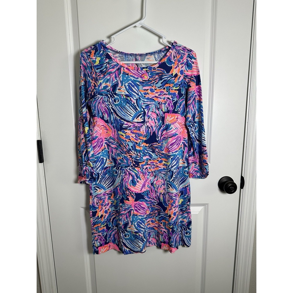 Lilly Pulitzer Etta Pima Cotton T-Shirt Dress Blue Pink Fish Print Small